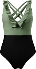 Ženski enodelni kopalni kostum monokini push-up z visokim izrezom in učinkom oblikovanja trebuha, odstranljivi vložki, izrez na hrbtu, križna ramenska tirnica, ploski šivi, črno-zelen, velikost M