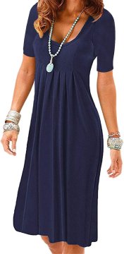 Poletna ženska obleka s kratkimi rokavi, ohlapna casual t-shirt fazon, nagubano spodnje, temno modra, velikost M, mešanica bombaža in poliestra, odprta ramena, lahka tkanina, pranje pri 30 °C