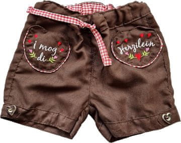 Dekliške kratke hlače Lederhosen v tradicionalnem ljudskem slogu rjave barve z vezenjem src in cvetja elastični pas 100% poliester 100% bombaž pranje 40 °C velikost 62