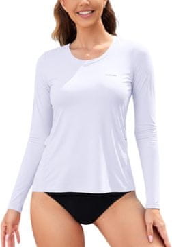 Ženska majica rash guard z UV zaščito UPF 50+, hitro sušeča tkanina, dolg rokav, 2 žepa, odprtine za palce, okrogel izrez, bela, XXL – za plavanje, surfanje, tek, fitnes in pohode