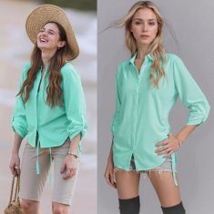 Ženska tunika z V-izrezom in dolgimi rokavi z možnostjo zavihanja, elegantna udobna bluza z vezalko pri izrezu iz produšne tkanine, za delo, srečanja in vsakodnevno nošenje, zelena, velikost M