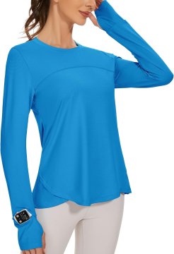 Ženska treningska majica Rashguard UV UPF 50+ z dolgimi rokavi, okenci za uro in odprtinami za palce, 4-way stretch, hitro sušeča, dihajoča, slim fit, za tek in jogo, modra, velikost L