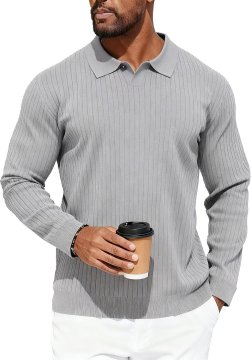 Moški polo pulover z dolgimi rokavi iz pletenine, lahek, elegantna rebrasta tekstura, V-izrez, prilegajoč kroj, elastični boki, casual, poslovni, svečani, za jesen, zimo in pomlad, siv, 2XL