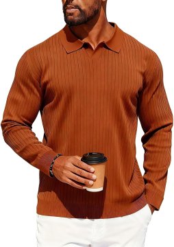 Moški pulover polo z dolgimi rokavi iz rebraste pletenine lahek rjav velikost 3XL, prilegajoč kroj, ovratnik polo brez gumbov, elastični manšeti, vintage slog za poslovni in vsakodnevni videz