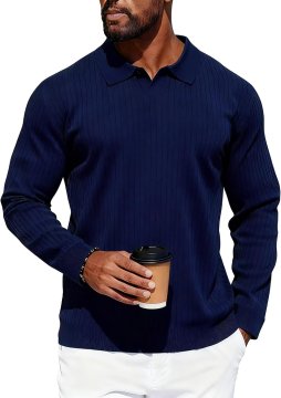 Moški polo pulover z dolgimi rokavi iz rebraste pletenine, lahek in elegantan, klasični V-izrez, brez gumbov, rebrasti manšeti in spodnji bündchen, mehek, temno modri, velikost XL