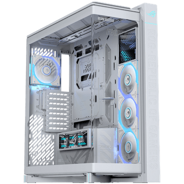 ASUS ROG Cronox GR801 ARGB White Edition EATX računalniško ohišje, kaljeno steklo, štirje ARGB ventilatorji, LCD zaslon, podpora za BTF, belo