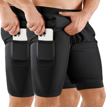 Moške športne kratke 2v1 za tek in fitnes, komplet 2 kom, črne, velikost S, kompresijski notranji del, hitro sušenje, žep za telefon, zadrgasti žep, zanka za brisačo, dolžina 18 cm, elastičen pas