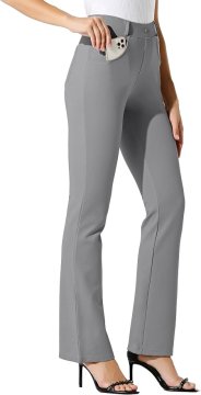 Ženske poslovne hlače bootcut za jogo elastične raztegljive v štiri smeri, ne gubajo se, 4 žepi, elastičen pas 3,8 cm, z okrasnim gumbom, siva, velikost S, dolžine 74/79/84 cm, za pisarno