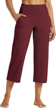 Ženske športne hlače za jogo Yoga Capri visokopasni leggingsi hitrosušeči elastični 4-way stretch s ploskimi šivi in žepi ravna hlačnica bordo XL notranja dolžina 58 cm za fitnes in sprehode