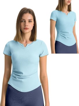 Ženska športna majica za fitnes Slim-Fit z V-izrezom in odstranljivimi košaricami, dihajoča hitrosušeča iz najlona in elastana, za fitnes, tek, jogo in moč trening, modra, velikost L