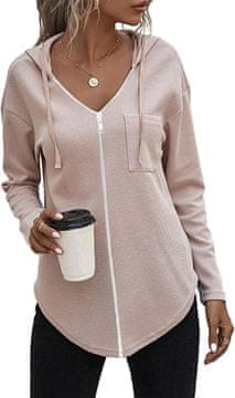 Ženski pulover s kapuco V-Neck hoodie ohlapen iz lahke vaflaste pletenine, nastavljiva vrvica na kapuci, sprednji žep, dolg rokav, zaobljen spodnji rob, za vse letne čase, bež, velikost M