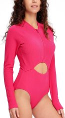 Ženski enodelni kopalni kostum rashguard z dolgimi rokavi, UPF 50+ zaščita pred soncem, odstranljive skodelice, patentni zadrga spredaj, hitro sušeč, za vodne športe, plavanje, roza, XL