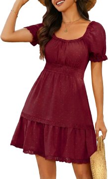 Ženska mini poletna obleka Boho bordo XXL z izrezom Square Neck, napihnjenimi rokavi, nabranim pasom in volančki, lahka prozorna tkanina Swiss Dots z žepi za sprehode ob morju in poroke na vrtu