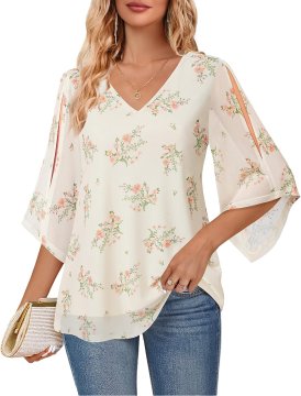 Ženska bluza tunika s cvetličnim vzorcem bela M – V-izrez Henley, metuljasti kratki polprozorni rokavi, high-low fason, dvoslojna na sprednji strani, elegantni casual slog, pomlad poletje jesen