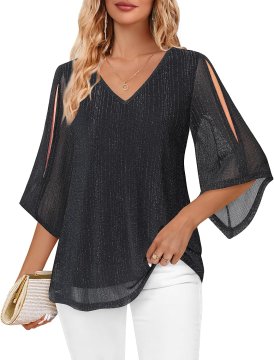 Ženska bluza tunika elegantna s cvetličnim vzorcem V-izrez metuljasti prozorni rokavi high-low kroj dvojna plast za pomlad poletje jesen pisarno in večerne priložnosti črna L