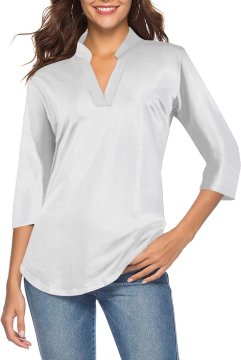Ženska tunika bluza z V-izrezom 3/4 rokav ohlapen oversize kroj dihajoča elegantna bela velikost S za vsakodnevno nošenje casual pisarniško kombinacijo z džinsi, legingami in hlačami capri
