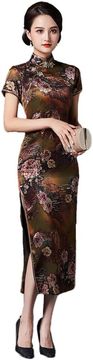 Tradicionalna kitajska obleka Qipao Cheongsam midi kratek rokav slim fit mandarin ovratnik poliestrski satén vintage rjava elegantna za poroke in svečane dogodke razcep ob strani 36 EU