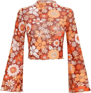 Ženska prosojna bluza iz mreže oranžna cvetlični vzorec boho hippie Y2K mock neck polovični ovratnik razširjeni rokavi bell sleeve salad hem rob visoka elastičnost za kožo festival L