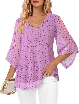 Elegantna ženska bluza tunika s cvetličnim vzorcem V-izrez Henley vitek kroj dvoslojna z učinkom vitkosti metuljasti polprosojni rokavi poletna roza vijolična velikost L za pomlad poletje jesen