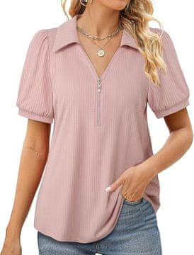 Ženska bluza elegantna tunika z V-izrezom in zadrgo, rokav tipa puff, kroj A-linija, prozračna lahka elastična, 95% poliester 5% elastan, roza, velikost XL, pomlad poletje jesen, pranje do 30°C