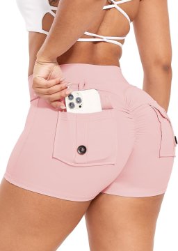 Ženske športne kratke hlače Scrunch Booty push-up V-Cross za jogo, tek in fitnes, elastične, hitro sušeče, obojestransko ščetkane, slim fit, z žepom z gumbom zadaj, roza, velikost L