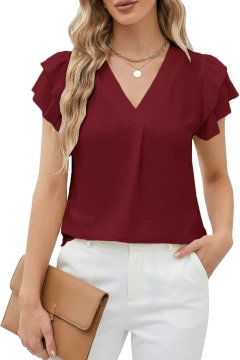 Ženska bluza tunika V-neck poletna elegantna zračna z dekolteom v obliki srčka, ohlapen sproščen kroj, kratek rokav, 100% poliester, lahka rahlo elastična tkanina, bordo, velikost M za poletje