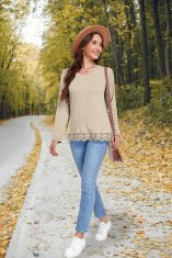 Ženska tunika z dolgimi rokavi elegantna mehka s čipko V-izrez svetlo rjava M jesensko-zimska sezona koži prijazna tkanina okrasna čipkasta obroba na spodnjem robu za jeans hlače in legginse