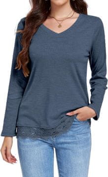 Ženska tunika bluza elegantna casual z dolgim rokavom in V-izrezom, čipkast spodnji obrobek, mehka lahka tkanina, za jesen in zimo, za službo in srečanja, modra, velikost 2XL