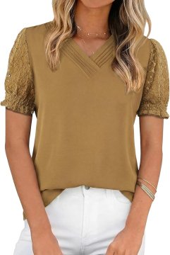 Elegantna ženska bluza tunika s kratkim rokavom V-neck dekolte čipkasti rokavi z volančki poletna casual rjava velikost L za delo in vsak dan neprosojna pralni stroj