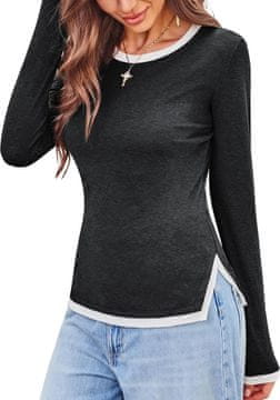 Ženska bluza z dolgimi rokavi Slim fit prilegajoča Temno siva XL z bočnimi prorezi, okroglim izrezom (Crew neck) in mešanico lyocell in spandex, casual basic za vsakodnevno nošenje