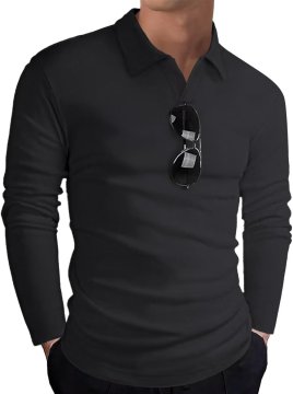 Moška polo majica z dolgimi rokavi temno siva, bombažna 65% bombaž, V-izrez, casual kroj, velikost M, mehka dihajoča tkanina z absorpcijo vlage, za vsakodnevno, poslovno in priložnostno nošenje