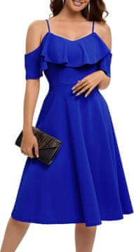 Elegantna koktajlna obleka midi za zabave z odprtimi rameni, modra, velikost 2XL, A-kroj, off-shoulder izrez, nastavljivi ramenski trakovi, nežni volani, skrit zadrgo, 94% najlon, 6% elastan, za