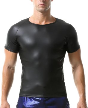 Moška majica wet look iz imitacije usnja (faux leather) slim fit kratek rokav visoka elastičnost raztegljiv material črna velikost M za klub rave tematske zabave streetwear