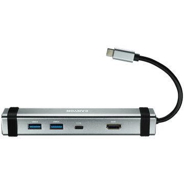 Canyon DS-3, večportna priključna postaja z 4 priključki: 1Tip C moški 1Tip C ženski 2USB 3.0 1HDMI, vhod 100-240V, izhod USB-C PD 5-20V/3A in USB-A 5V/1A, kabel dolžine 0,12 m, siva barva, 150,833