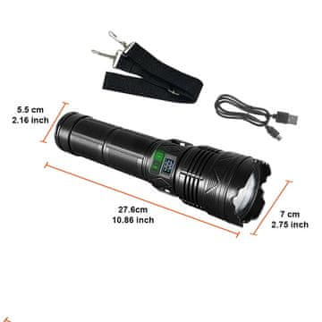 KJB Polnilna LED ročna svetilka z nastavljivim snopom, COB in OLED prikazom