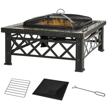 OUTSUNNY Vrtno ognjišče s protiskrnim pokrovom in rešetko za barbecue iz kovine 76x76x47cm črno