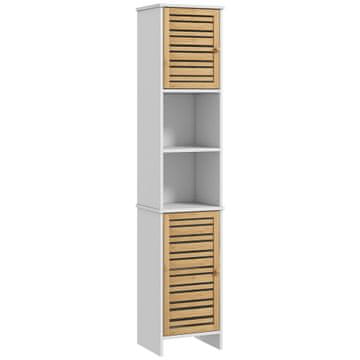 HOMCOM Visoka kopalniška omara 170cm, prostorsko varčna kopalniška omarica z 2 bambusovimi vratnimi omaricami in nastavljivimi policami, odprti predali, za pralnico, 35x30x170 cm, bela