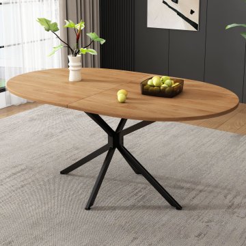 SONNENH Ovalna jedilna miza, 120 x 80 x 75,5 cm, naravni videz lesa, črno podnožje, MDF, črno kovinsko geometrijsko podnožje, za kuhinjo in jedilnico