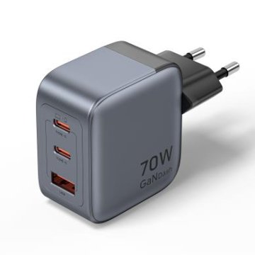 Vention GaN polnilec 70 W, 2× USB-C + USB-A, EU, siv