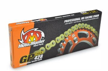 Moto Master POGONSKA VERIGA GP-428 MX PROFESIONALNA MOTOKROS DIRKALNA VERIGA BREZ O-OBROČEV, ZLATA BARVA (134 ČLENOV, VKLJUČENA SPONKA)