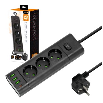 GH USB podaljšek, 3 SCHUKO vtičnice, 3x USB-A, 1x USB-C, 1,5 m, ozemljen, s stikalom, črne barve
