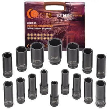 FOR 1/2" 16-delni komplet globokih udarnih nastavkov (6-kraki) (10–32 mm) v PU kovčku