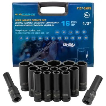 1/2" 16-delni komplet globokih udarnih nastavkov (6-kraki) (10–32 mm) v PU kovčku
