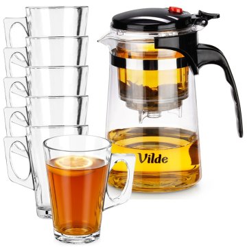 Vilde Dzbanek szklany z zaparzaczem spustowym do herbaty 680 ml + szklanki 255 ml 6 szt.