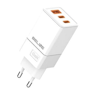BE 65W GaN stenski polnilnik 2xUSB-C PD 3.0 + 1xUSB-A QC 3.0 brez kabla - bel