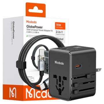 Mcdodo 2v1 polnilnik, potovalni adapter, vtič, angleščina, VB, EU, ZDA, 70 W