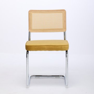 SONNENH Jedilni stoli, 2 v kompletu, 81 cm, gorčično rumena, srebrno podnožje, žameten sedež 47 × 41,2 cm, pleteno ratanovo naslonjalo in srebrno kovinsko podnožje v obliki sani