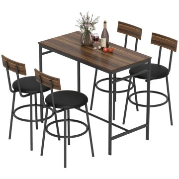 SONNENH Jedilni komplet, 5 kosi: 1 visoka miza in 4 barski stoli, miza 110 × 55 × 90 cm, rjav lesni dekor, črno ogrodje, štirje oblazinjeni barski stoli z naslonjalom