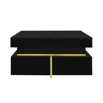 SONNENH Kvadratna klubska mizica, črna, 70 × 70 × 35,5 cm, visok sijaj, 2 nasprotna predala in zlati detajli, iz ivernih plošč, za dnevno sobo