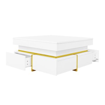SONNENH Kvadratna klubska mizica, bela, 70 × 70 × 35,5 cm, visok sijaj, 2 nasprotna predala in zlati detajli, iz ivernih plošč, za dnevno sobo